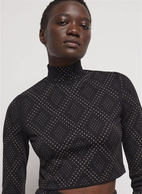 prada diamante top|Black Woven Diamante Draped Front High Neck Top.